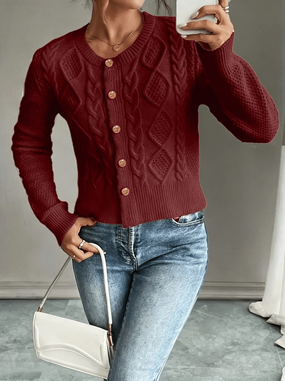 Women's Waist-Cropped Cable-Knit Cardigan with Full Button Front