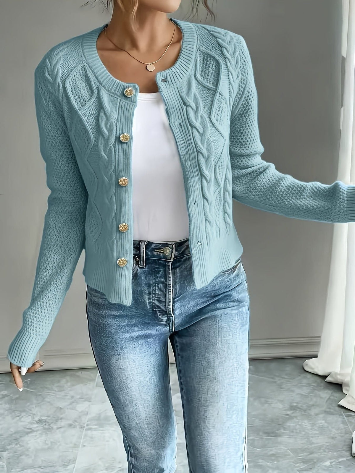 Women's Waist-Cropped Cable-Knit Cardigan with Full Button Front