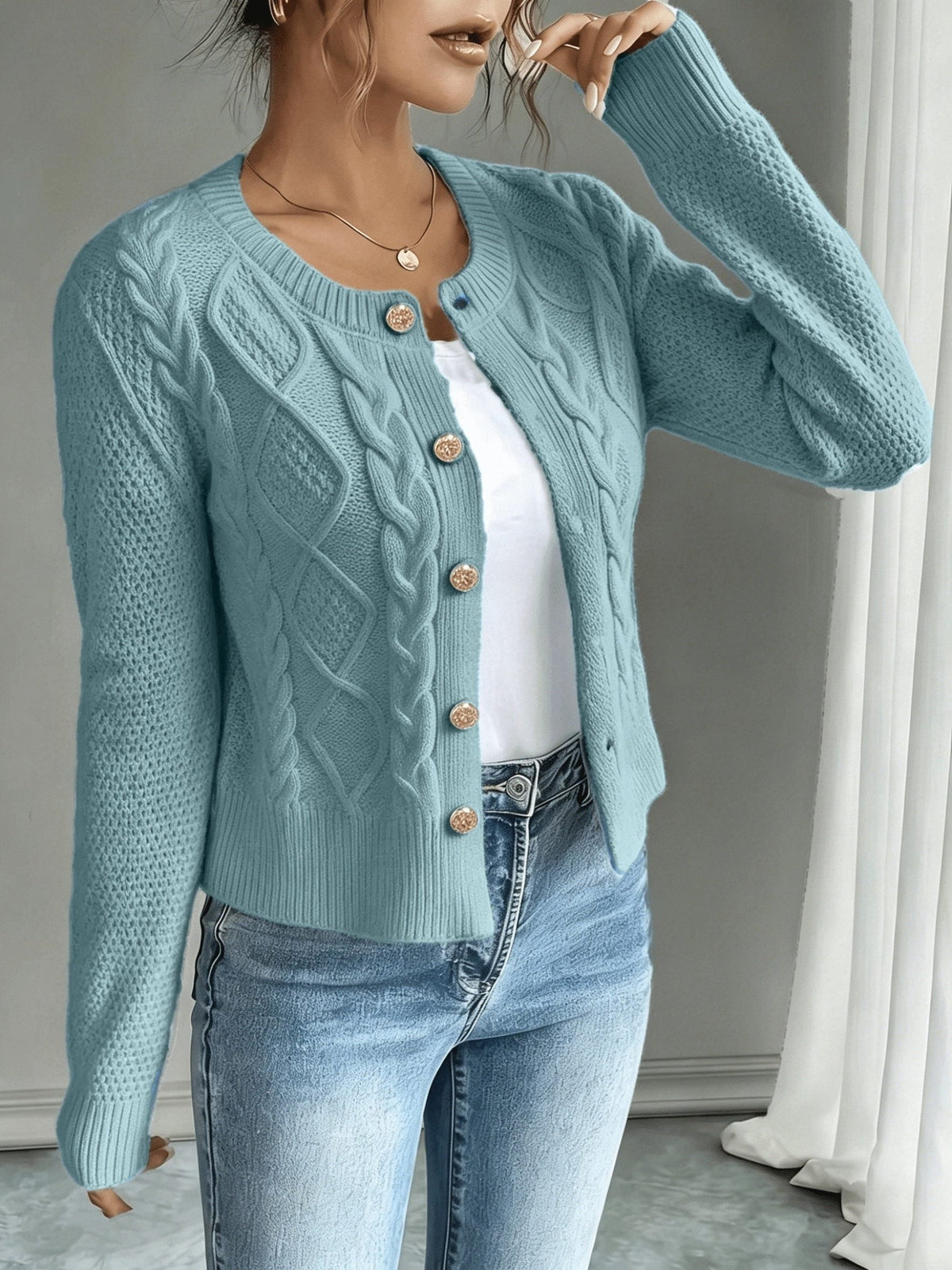 Women's Waist-Cropped Cable-Knit Cardigan with Full Button Front