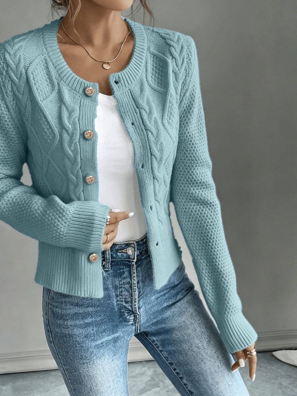 Women's Waist-Cropped Cable-Knit Cardigan with Full Button Front