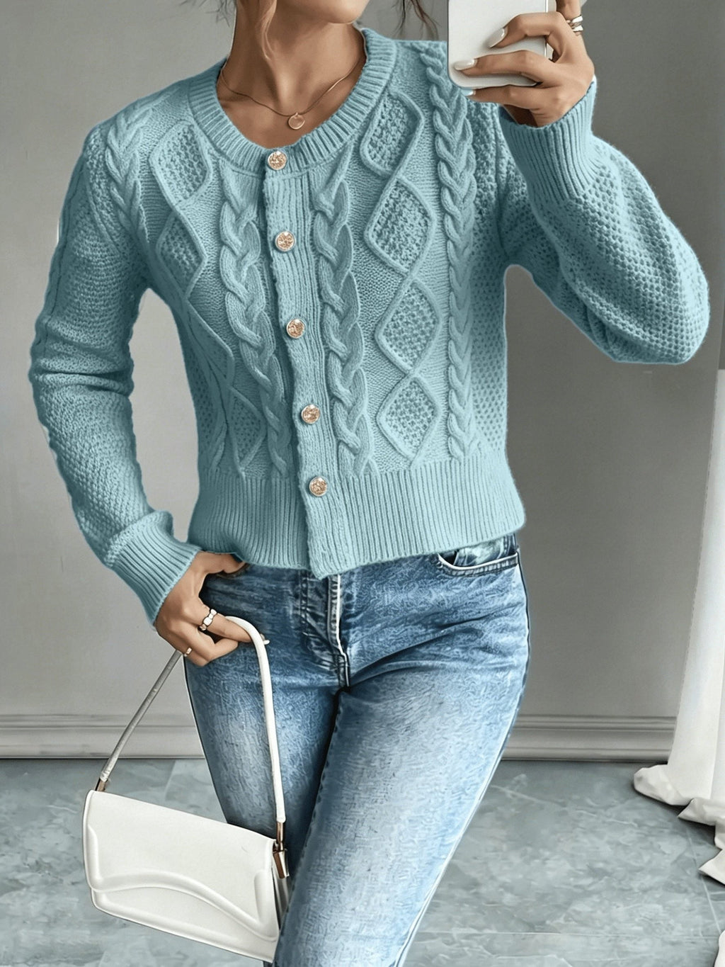 Women's Waist-Cropped Cable-Knit Cardigan with Full Button Front