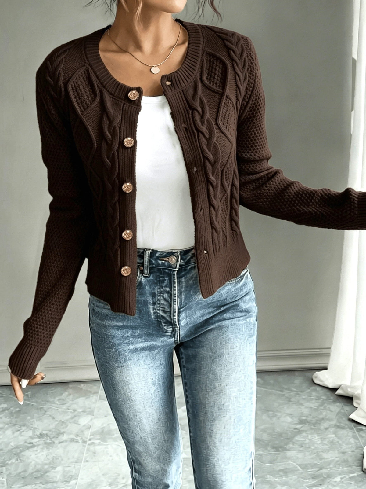Women's Waist-Cropped Cable-Knit Cardigan with Full Button Front