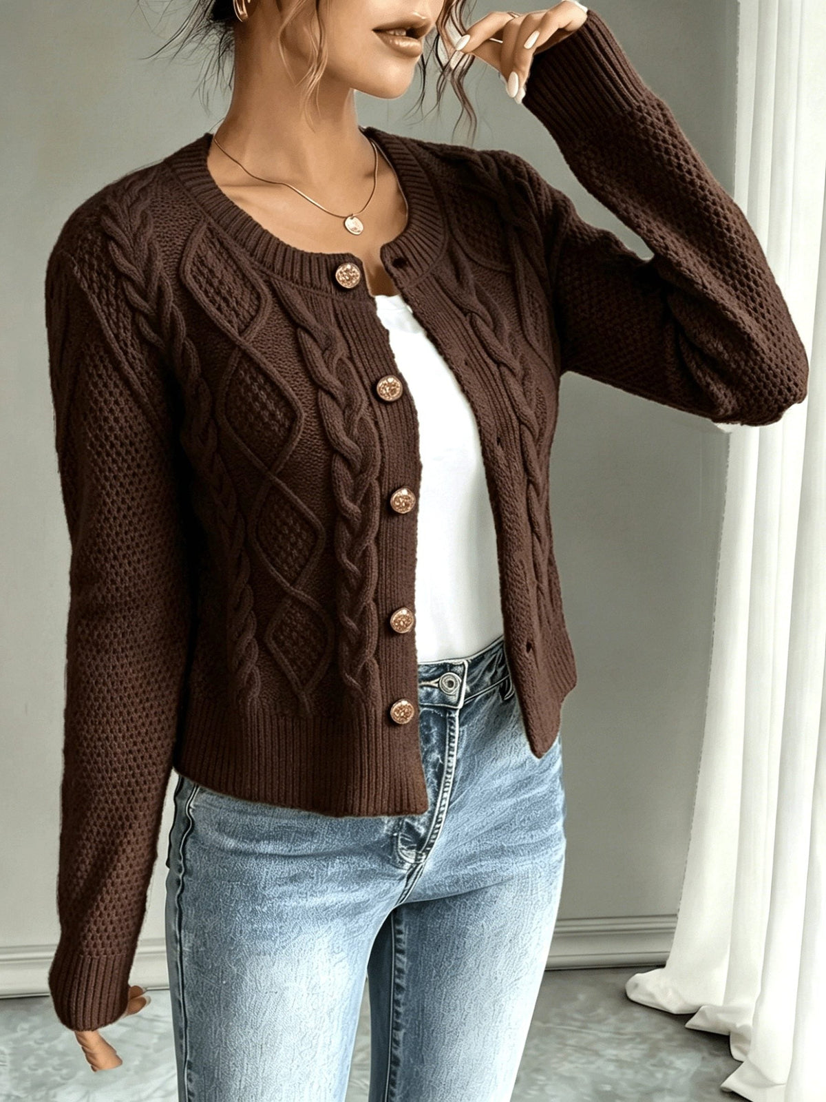 Women's Waist-Cropped Cable-Knit Cardigan with Full Button Front