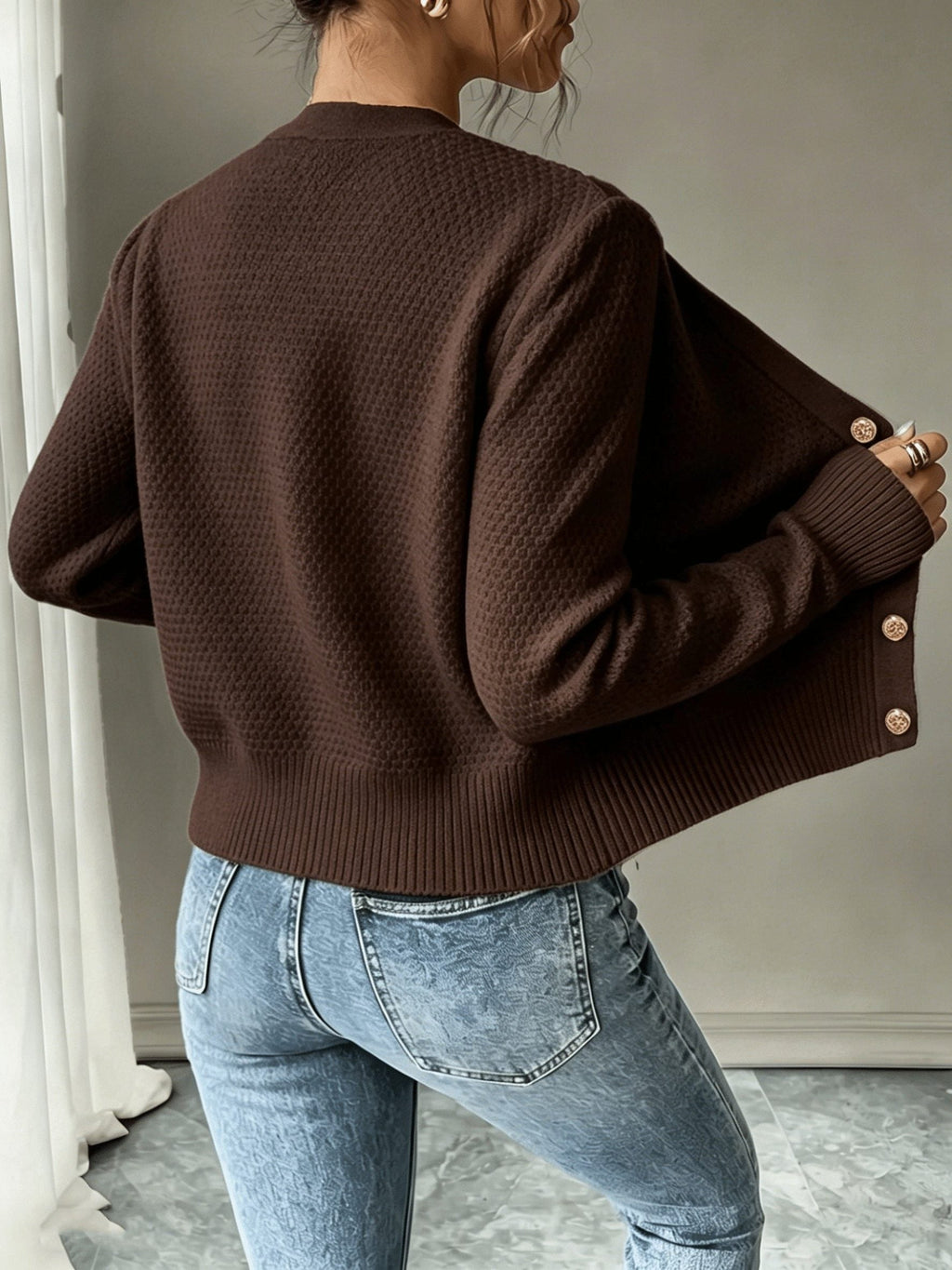 Women's Waist-Cropped Cable-Knit Cardigan with Full Button Front