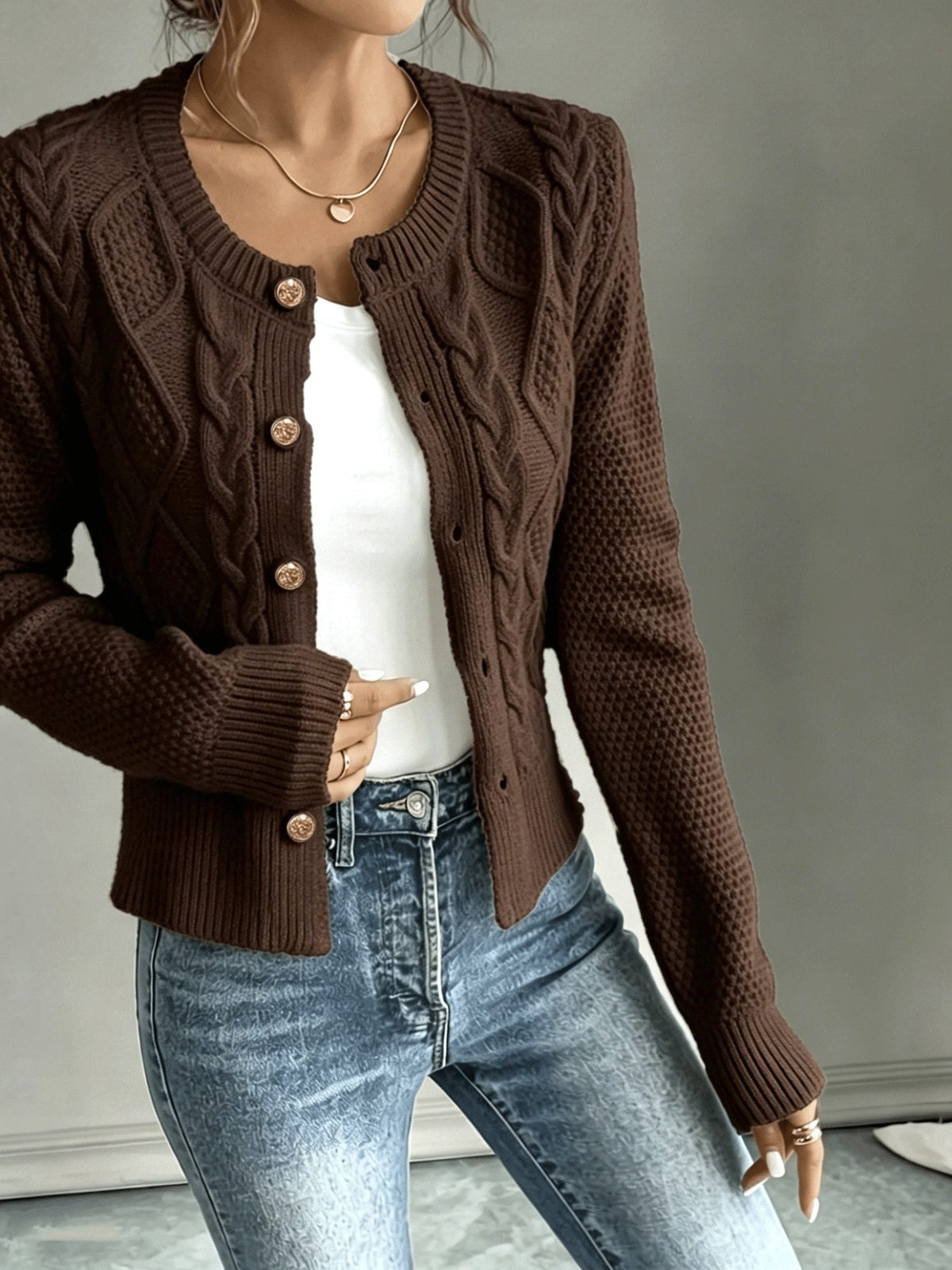 Women's Waist-Cropped Cable-Knit Cardigan with Full Button Front