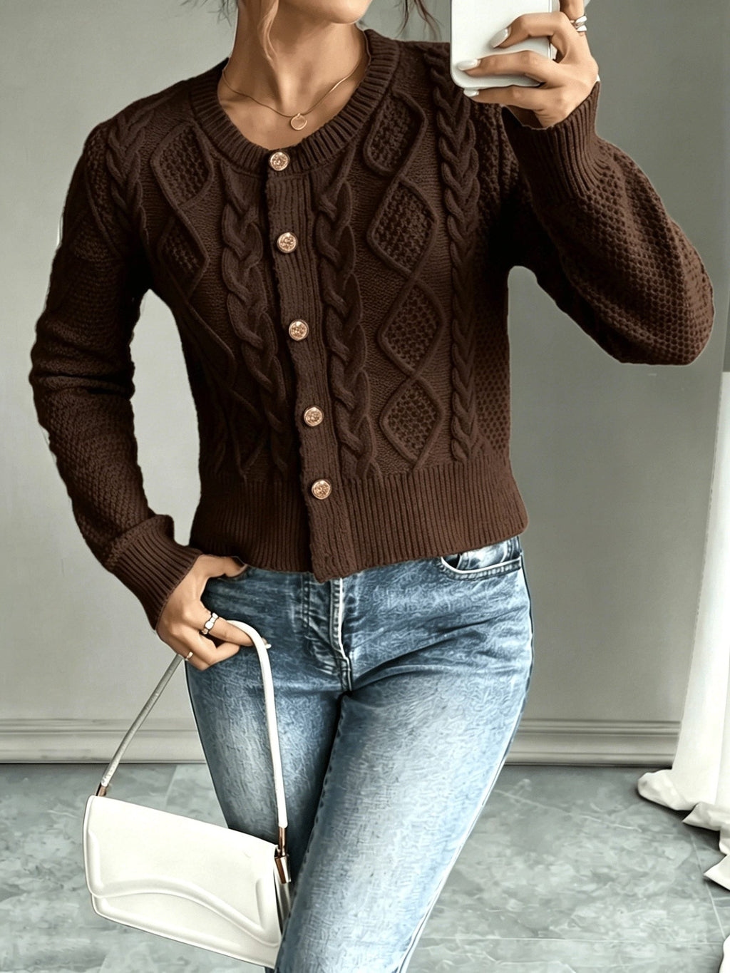 Women's Waist-Cropped Cable-Knit Cardigan with Full Button Front