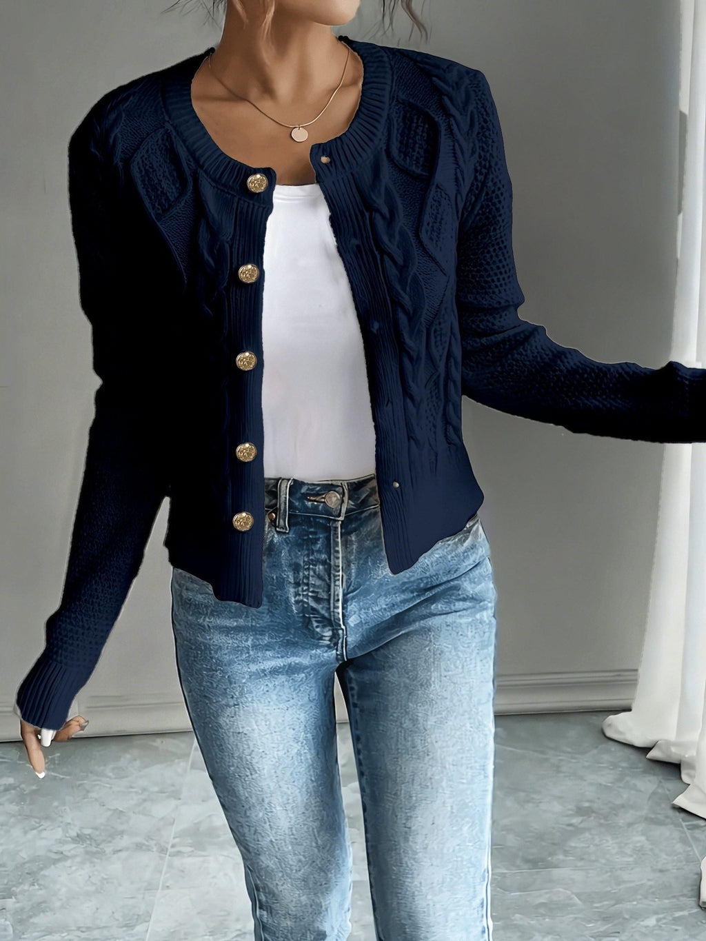 Women's Waist-Cropped Cable-Knit Cardigan with Full Button Front