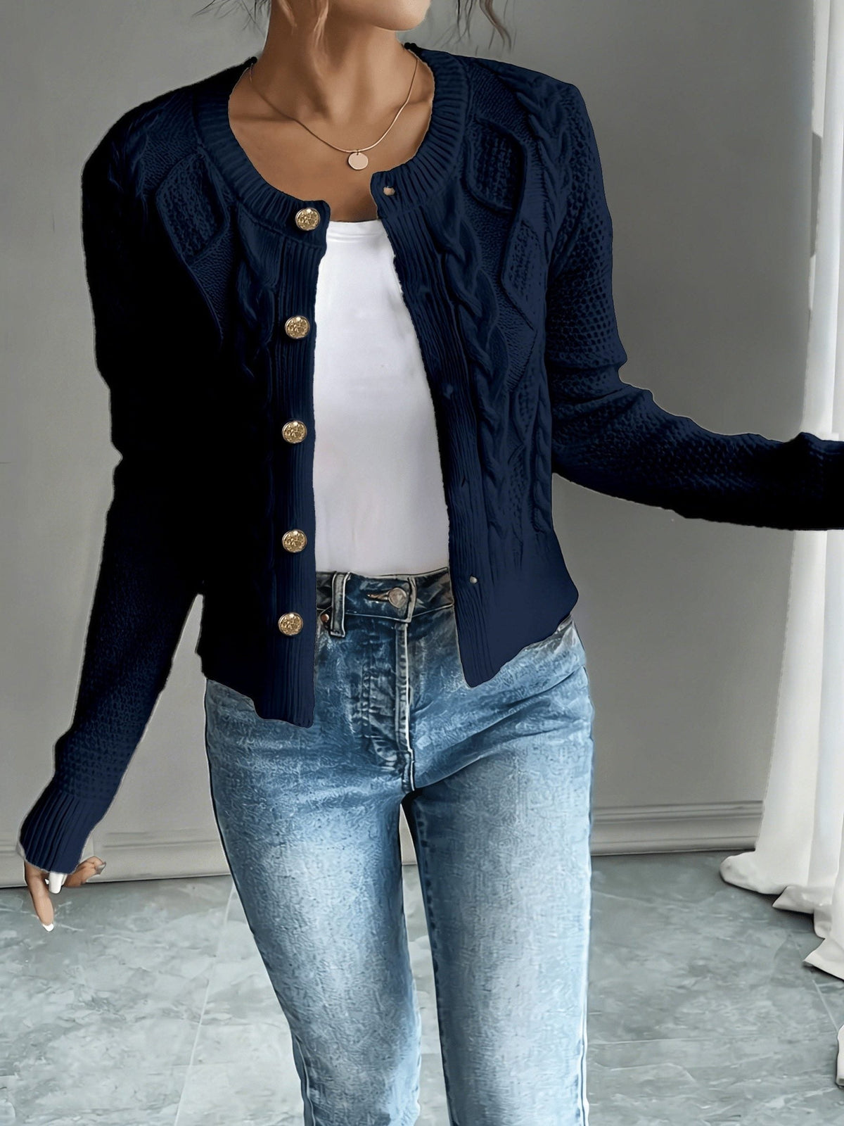 Women's Waist-Cropped Cable-Knit Cardigan with Full Button Front