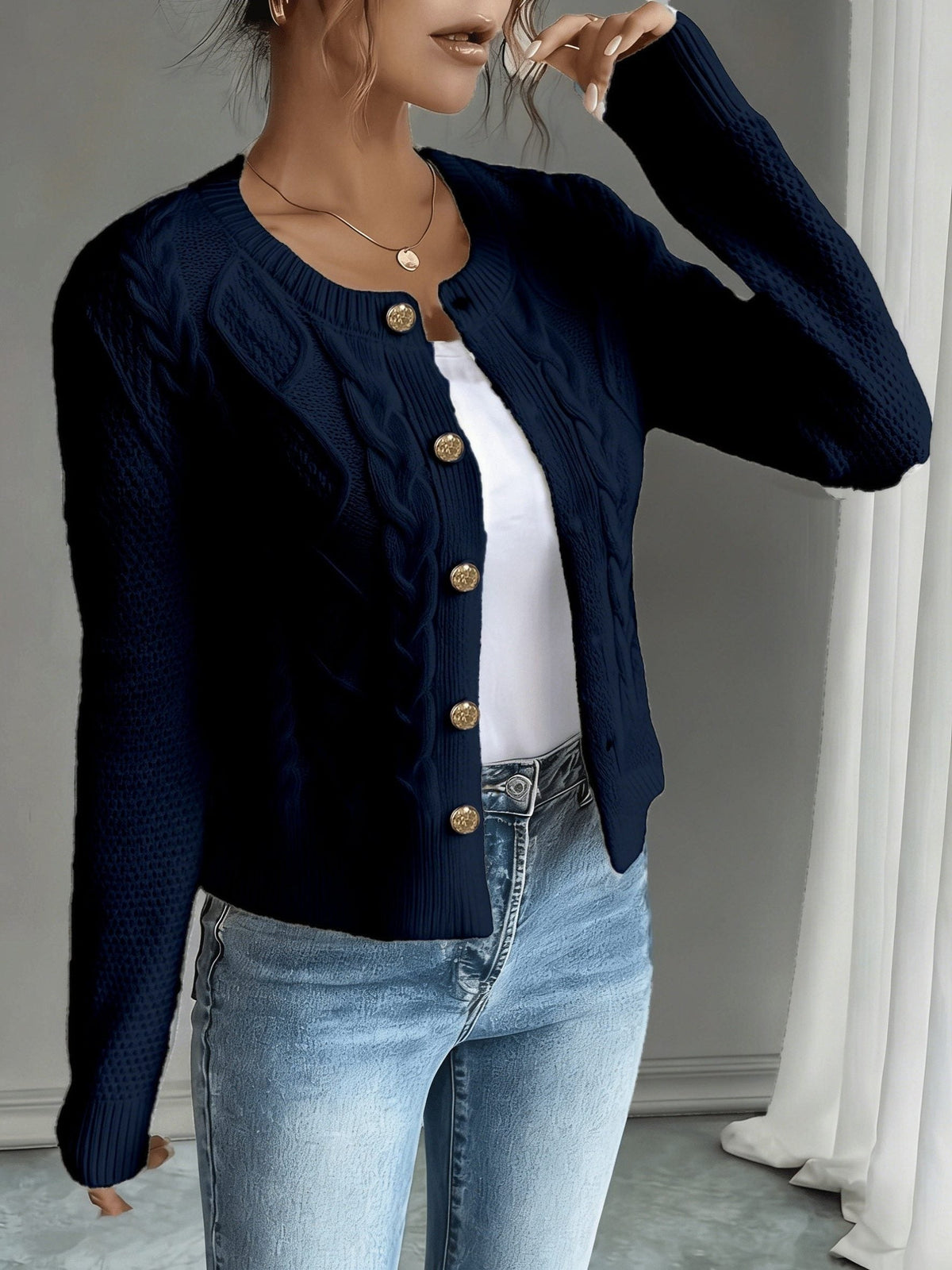 Women's Waist-Cropped Cable-Knit Cardigan with Full Button Front