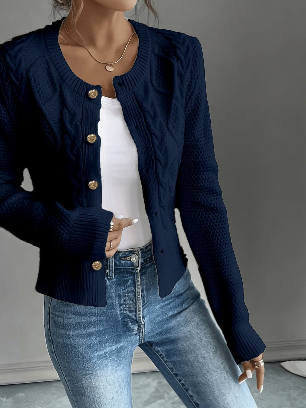 Women's Waist-Cropped Cable-Knit Cardigan with Full Button Front