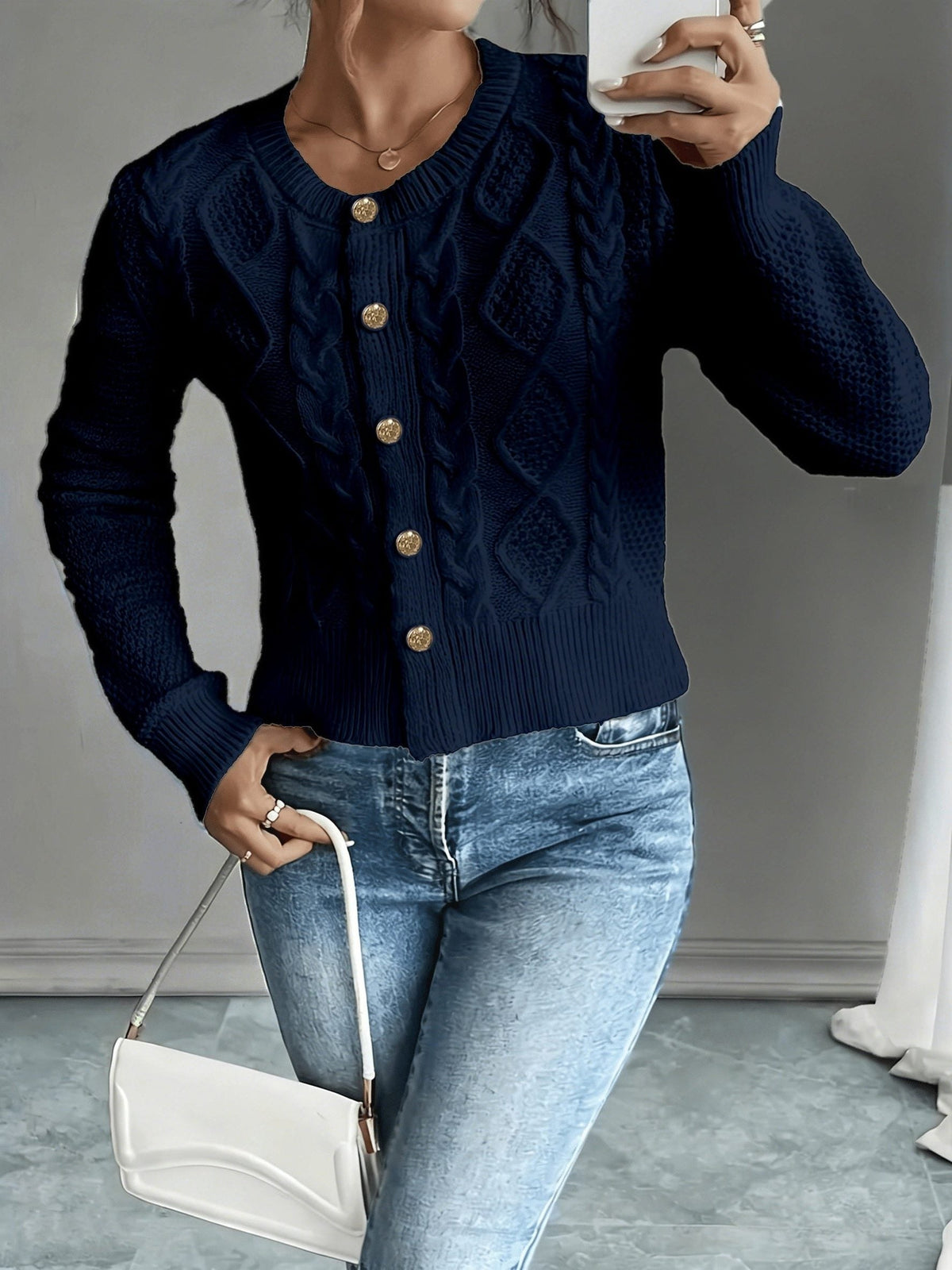 Women's Waist-Cropped Cable-Knit Cardigan with Full Button Front
