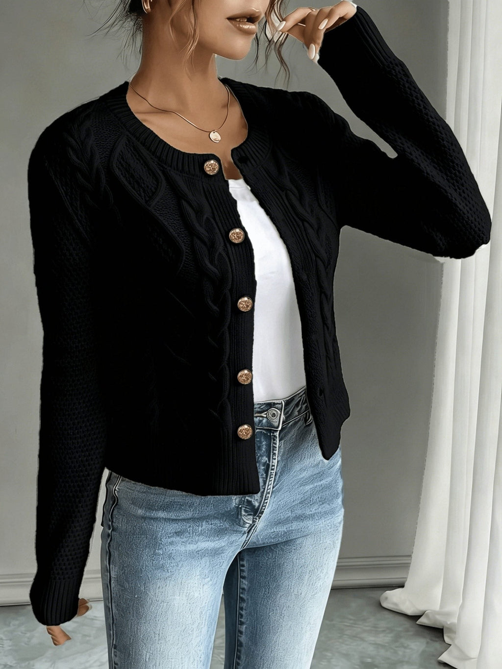 Women's Waist-Cropped Cable-Knit Cardigan with Full Button Front