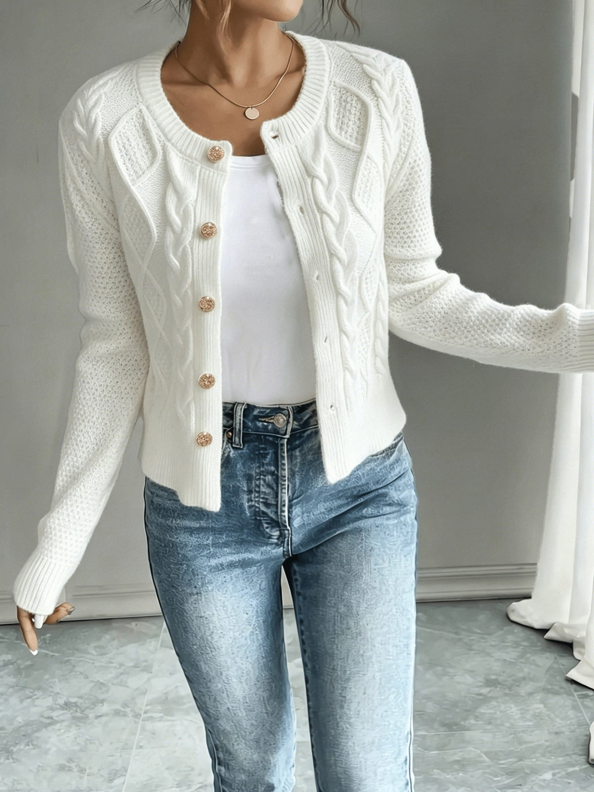 Women's Waist-Cropped Cable-Knit Cardigan with Full Button Front