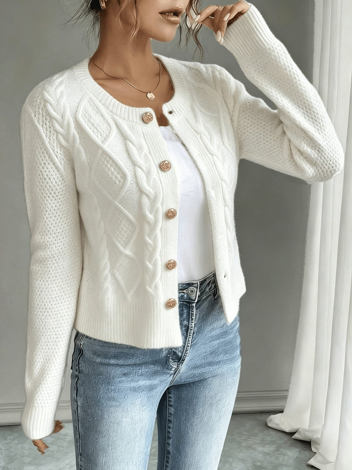 Women's Waist-Cropped Cable-Knit Cardigan with Full Button Front