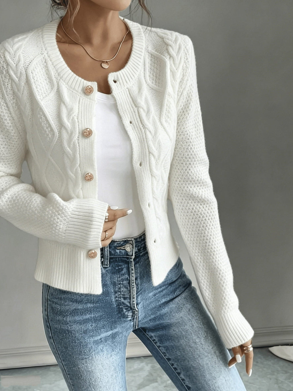 Women's Waist-Cropped Cable-Knit Cardigan with Full Button Front