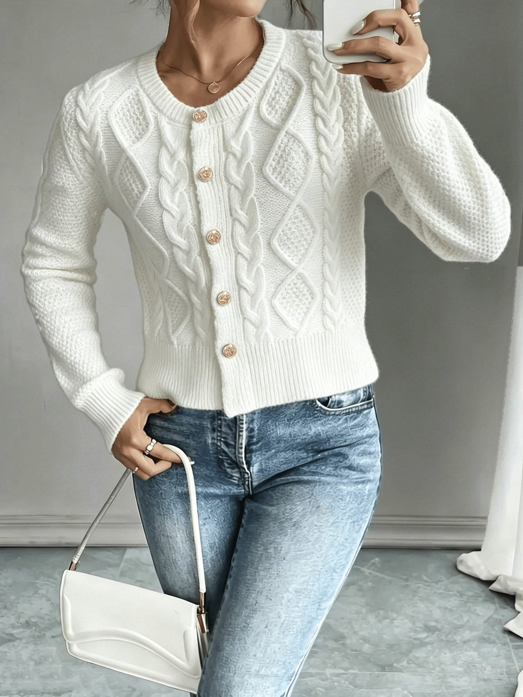 Women's Waist-Cropped Cable-Knit Cardigan with Full Button Front