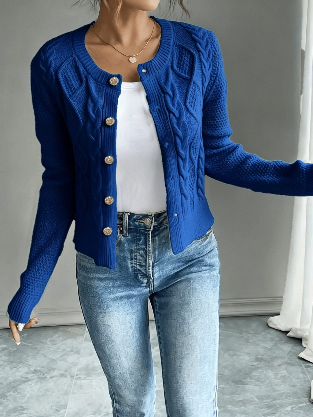 Women's Waist-Cropped Cable-Knit Cardigan with Full Button Front