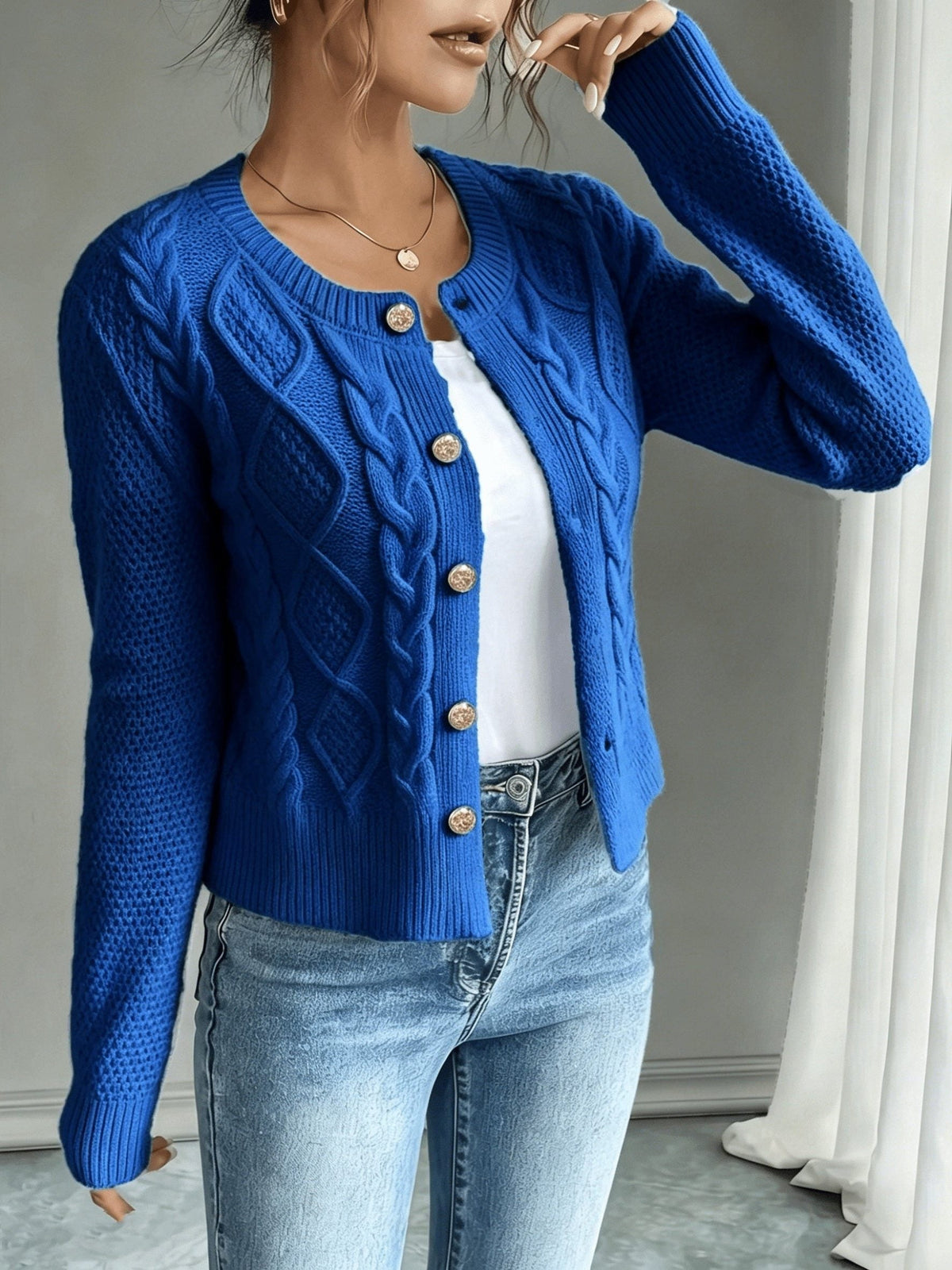 Women's Waist-Cropped Cable-Knit Cardigan with Full Button Front