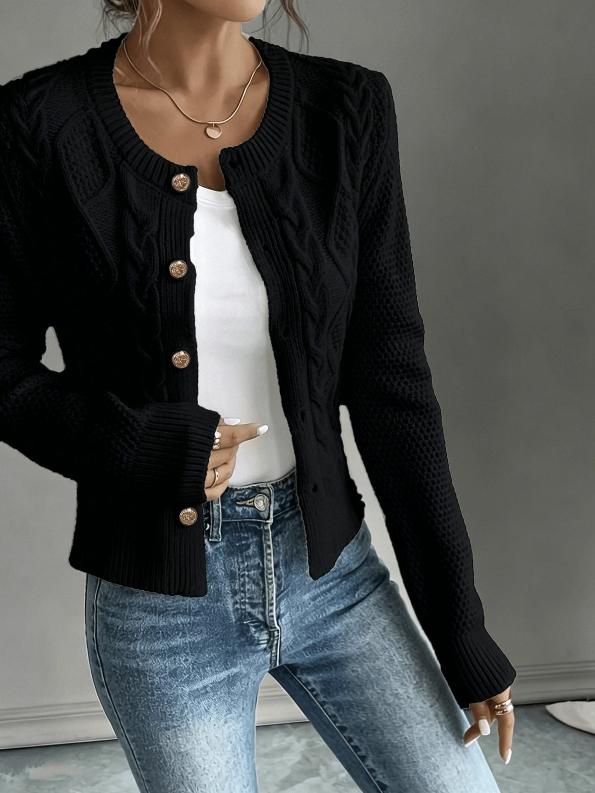 Women's Waist-Cropped Cable-Knit Cardigan with Full Button Front