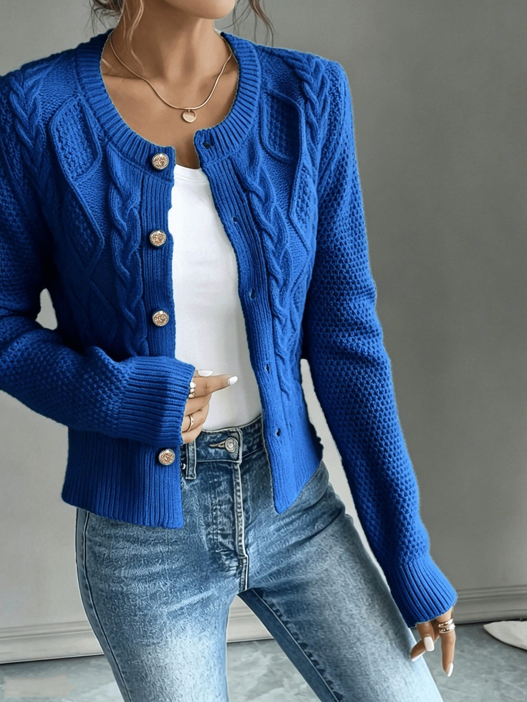 Women's Waist-Cropped Cable-Knit Cardigan with Full Button Front