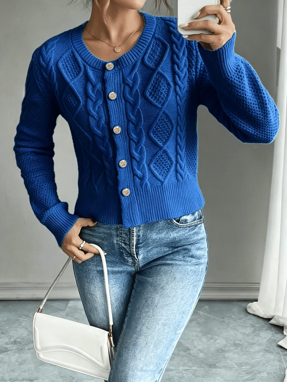 Women's Waist-Cropped Cable-Knit Cardigan with Full Button Front