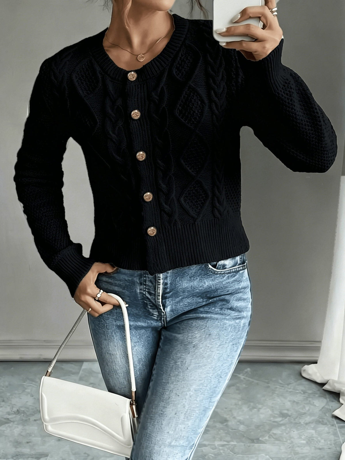 Women's Waist-Cropped Cable-Knit Cardigan with Full Button Front