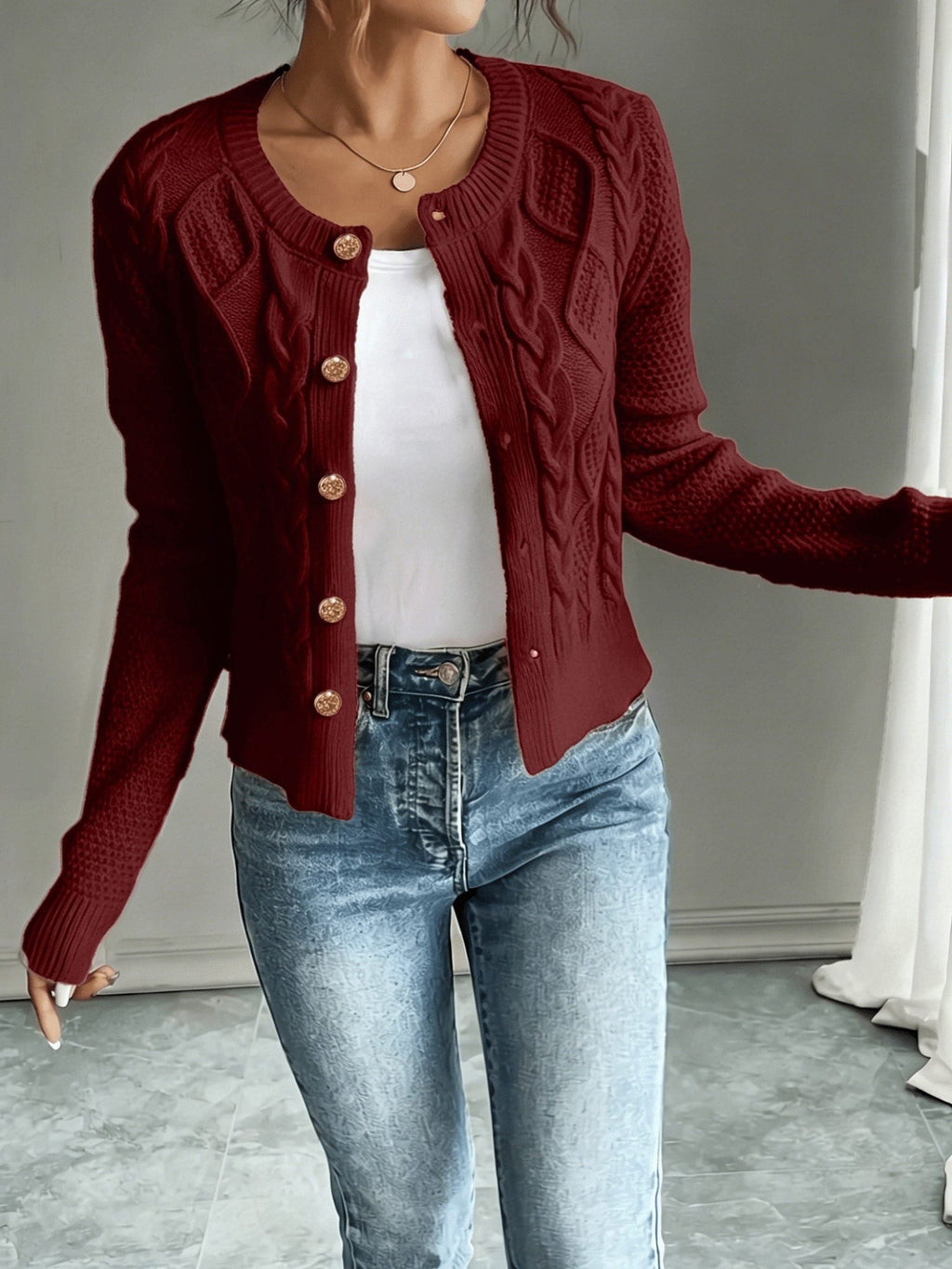 Women's Waist-Cropped Cable-Knit Cardigan with Full Button Front