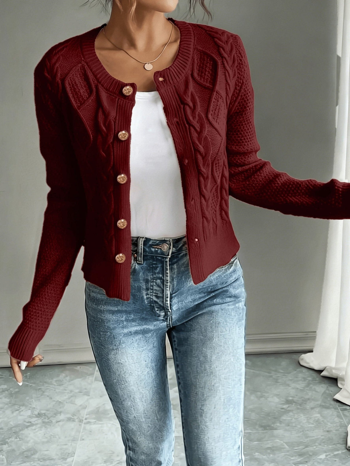 Women's Waist-Cropped Cable-Knit Cardigan with Full Button Front