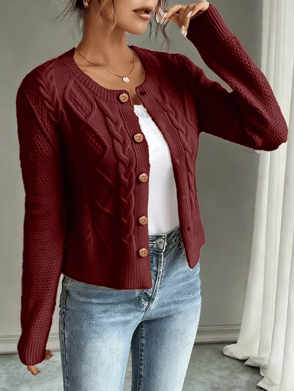 Women's Waist-Cropped Cable-Knit Cardigan with Full Button Front