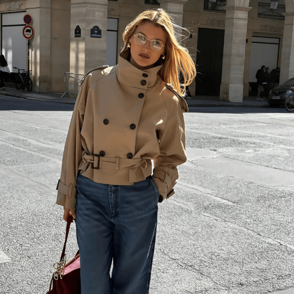 Women's Stand-Collar Double-Breasted Trench in Hip Length - Beige
