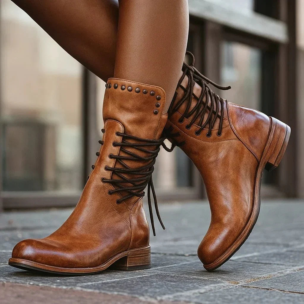 Women's Vintage-Style Studded Lace-Up Boots in Leather with Low Heel - Brown