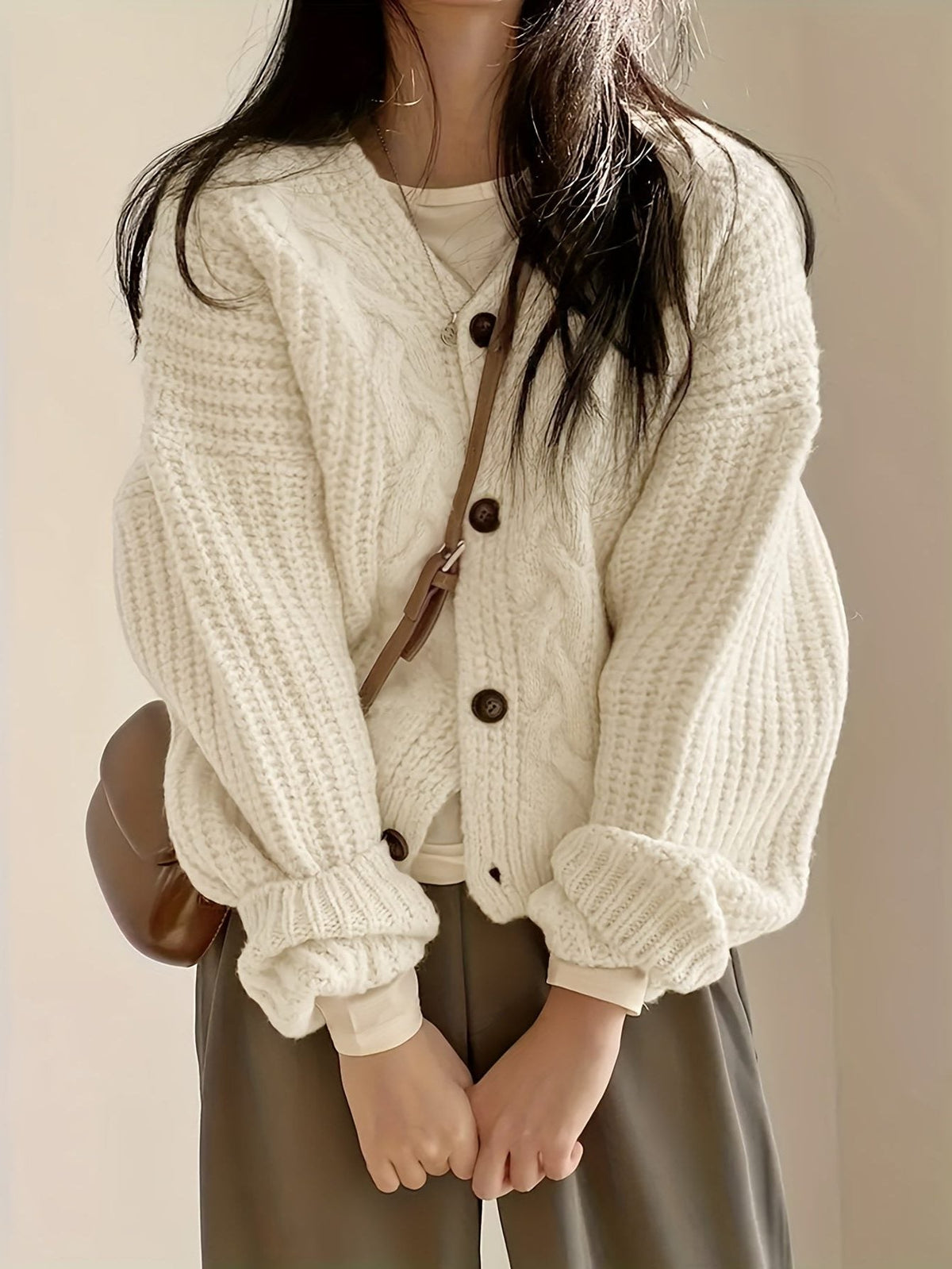 Women's Chunky Textured Button Cardigan with Drop Shoulders