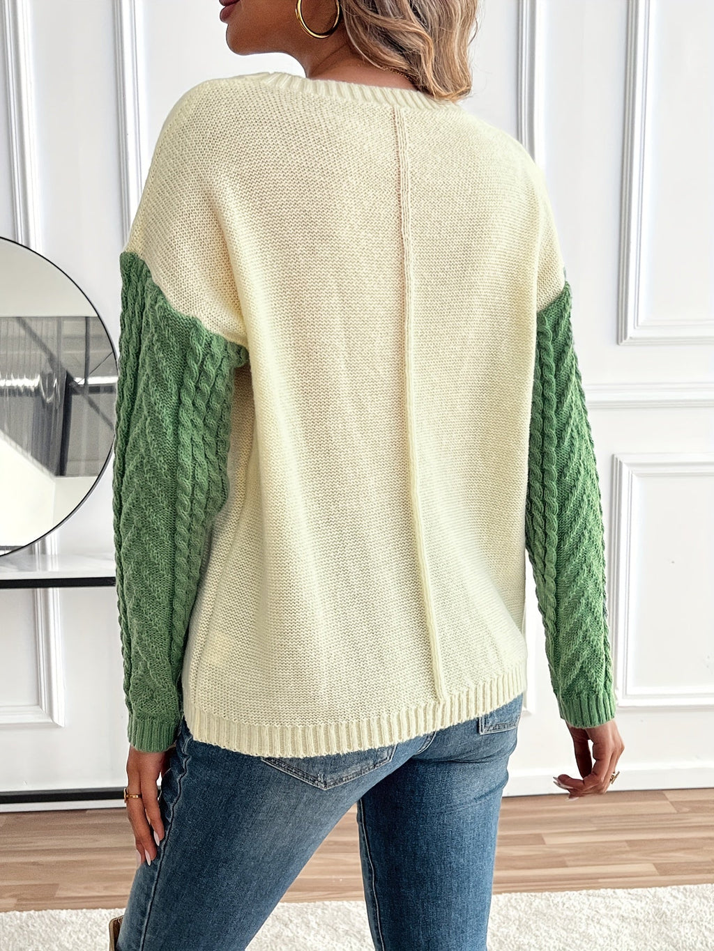 Women's Relaxed Two-Tone Cable Sweater with Front Pocket