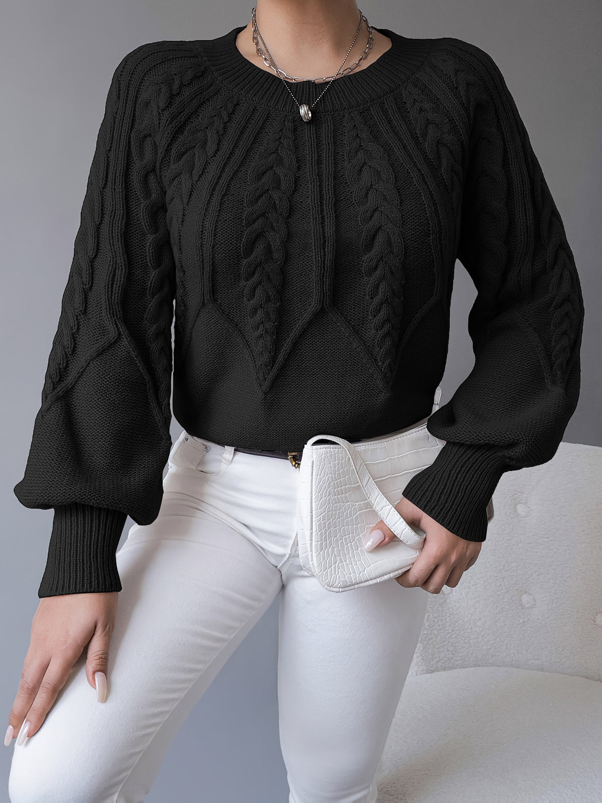 Women's Classic Cable Crew Neck Sweater with Lantern Sleeves