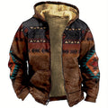 Men's Relaxed Plush-Lined Western Print Zip-Up with Hood - Brown & Black Print