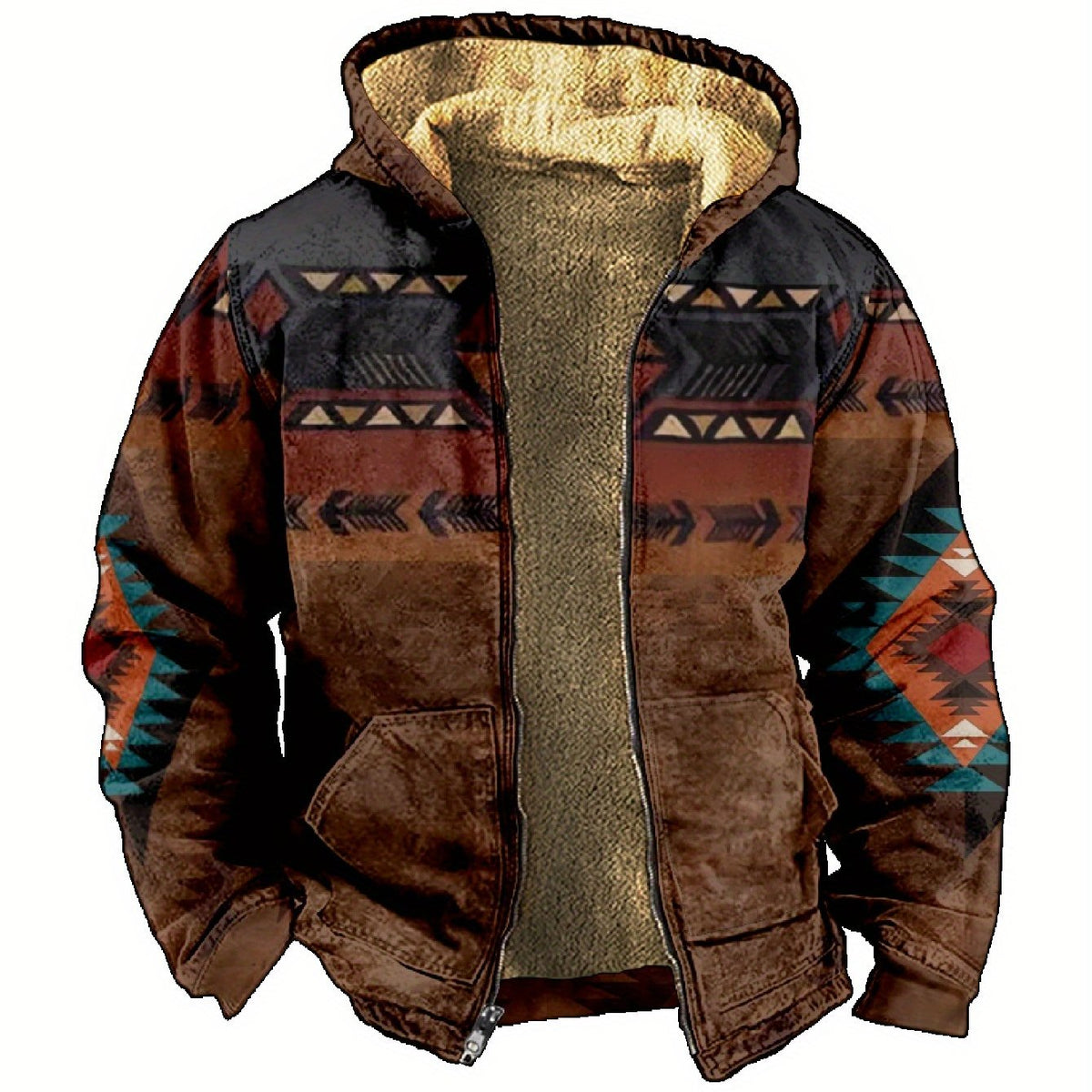 Men's Relaxed Plush-Lined Western Print Zip-Up with Hood - Brown & Black Print