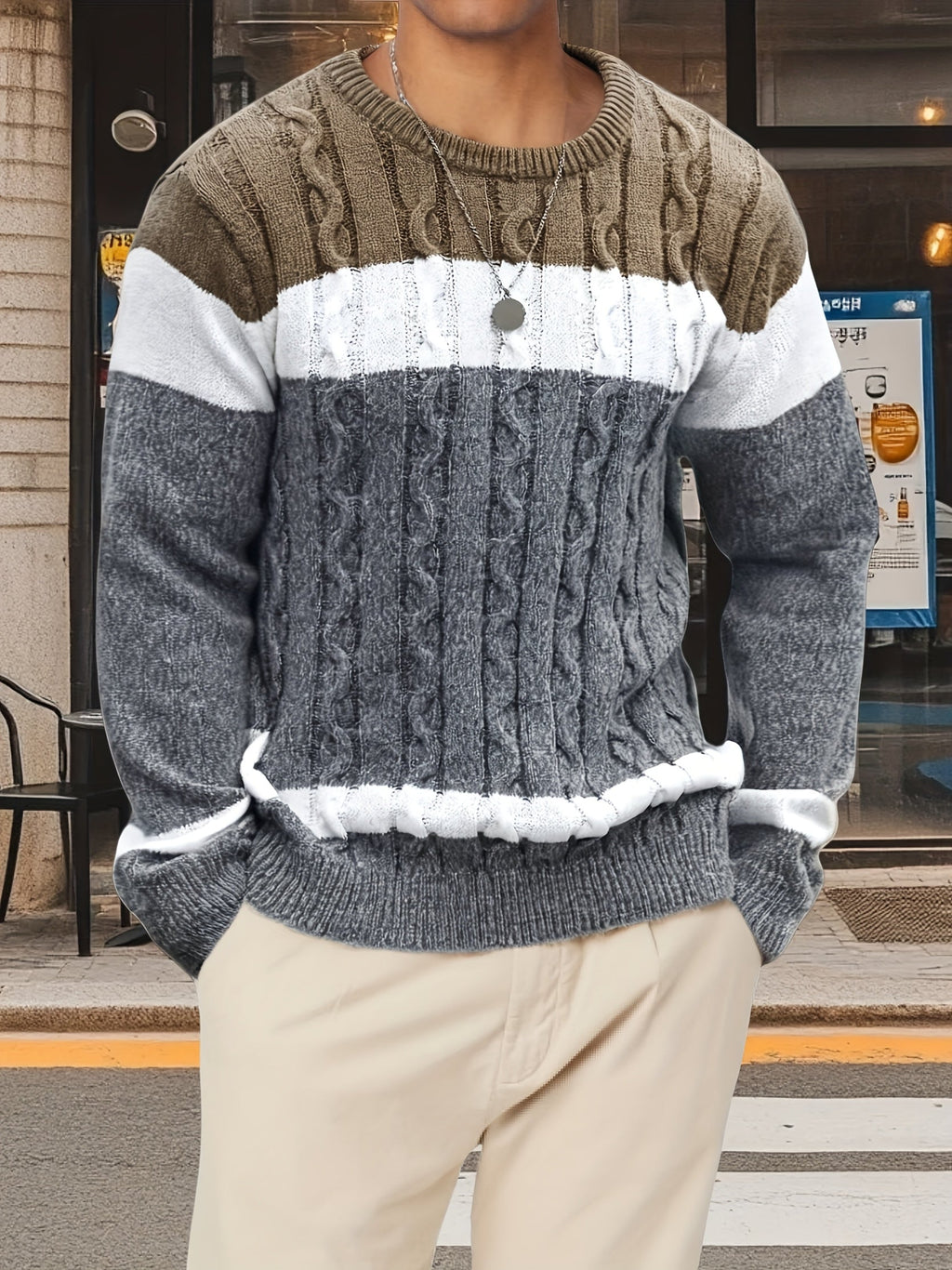 Men's Contrast-Block Cable-Knit Pullover Sweater