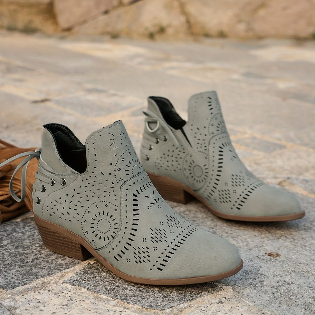 Women's Perforated-Upper Stacked Heel Boots with Front Lacing
