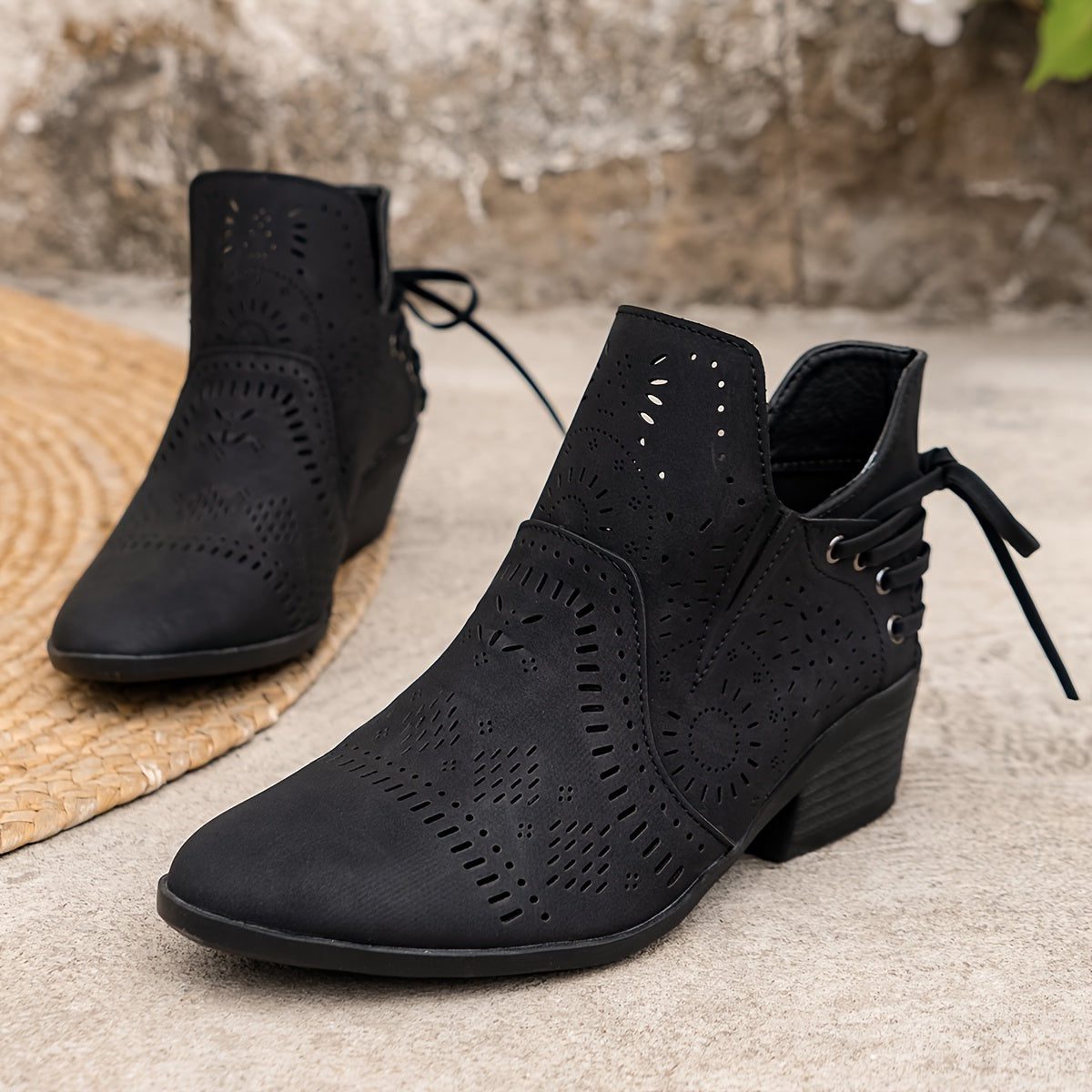 Women's Perforated-Upper Stacked Heel Boots with Front Lacing