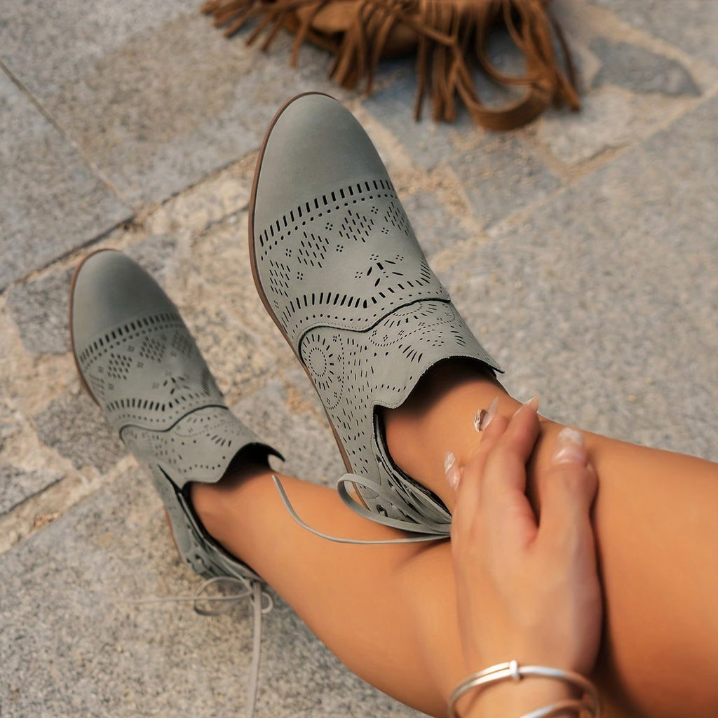 Women's Perforated-Upper Stacked Heel Boots with Front Lacing