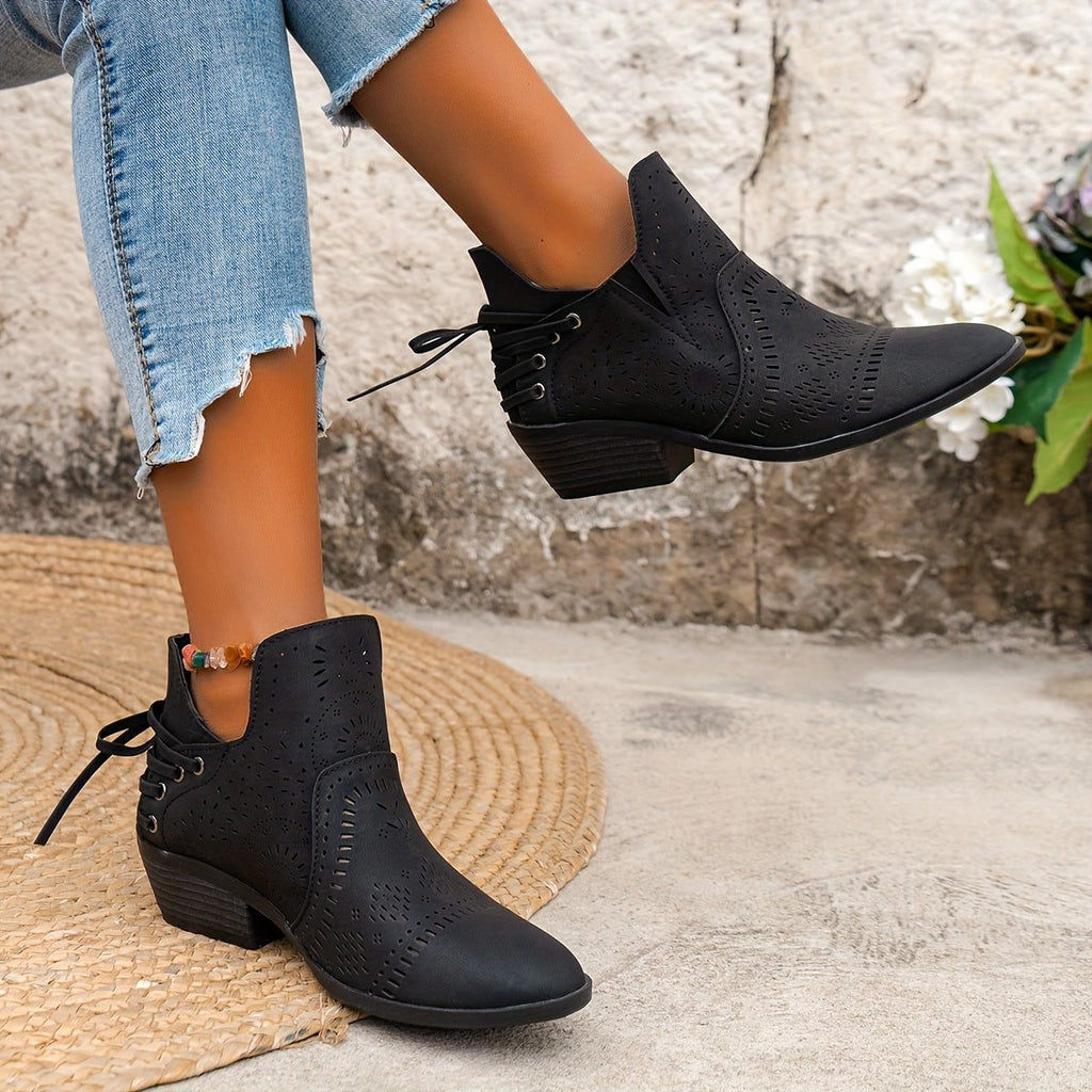 Women's Perforated-Upper Stacked Heel Boots with Front Lacing