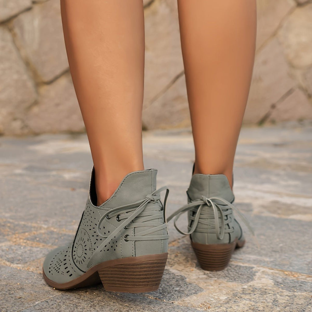 Women's Perforated-Upper Stacked Heel Boots with Front Lacing