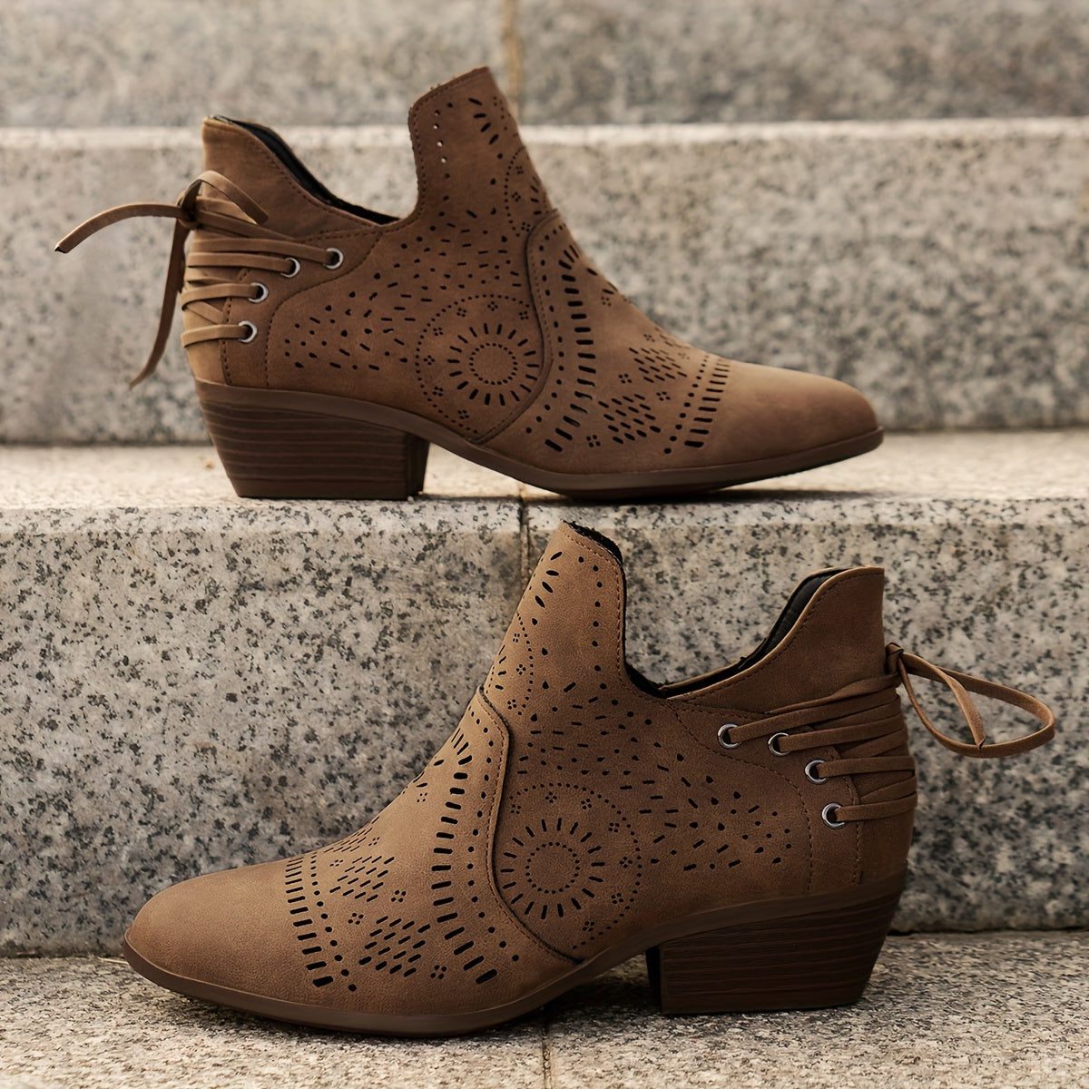 Women's Perforated-Upper Stacked Heel Boots with Front Lacing