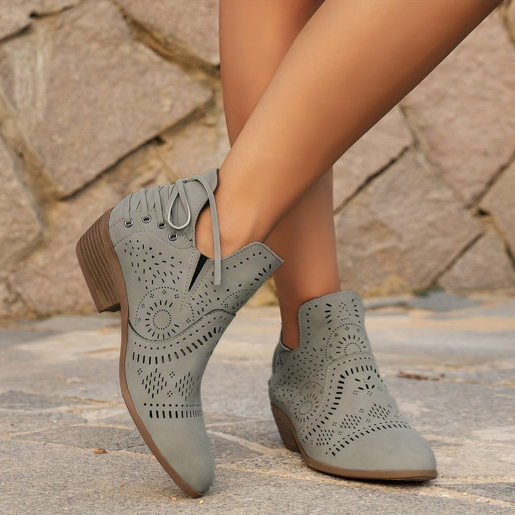 Women's Perforated-Upper Stacked Heel Boots with Front Lacing