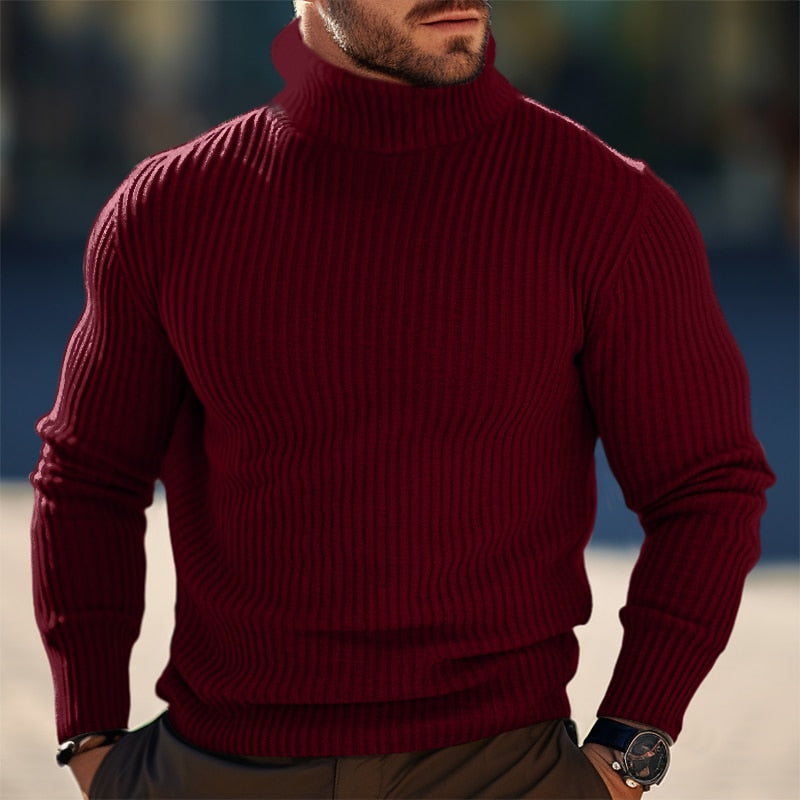 Men's Slim Rib-Knit Turtleneck Sweater for Jacket Layering - Red