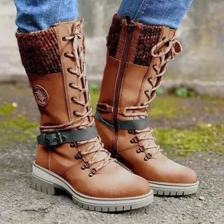 Women's Lace-Up Leather Winter Boots with Knit Collar and Grip Sole - Brown