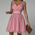 Women's Sequin Wrap Party Dress with Fitted Waist and Full Skirt - Pink
