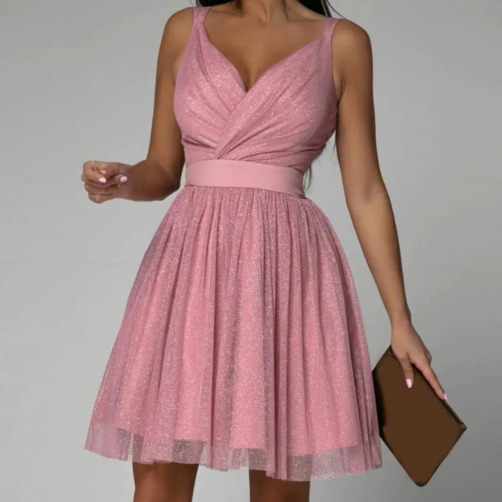 Women's Sequin Wrap Party Dress with Fitted Waist and Full Skirt - Pink