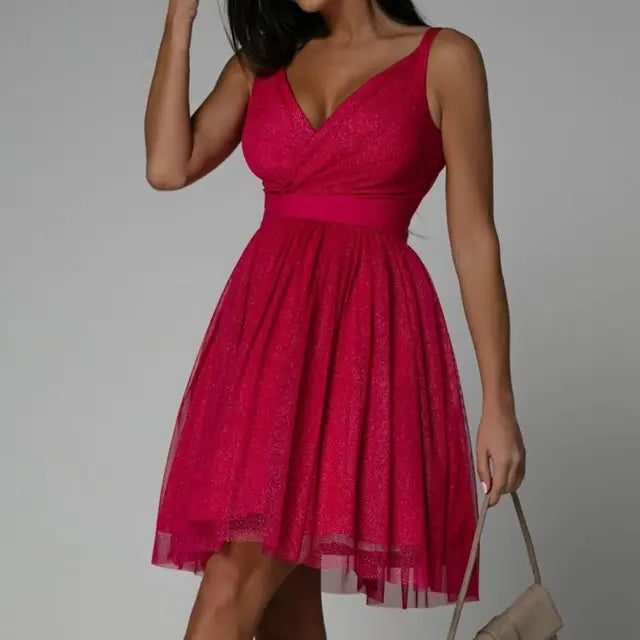 Women's Sequin Wrap Party Dress with Fitted Waist and Full Skirt