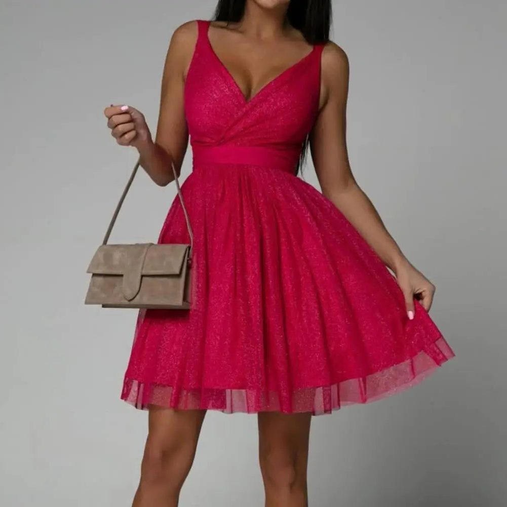 Women's Sequin Wrap Party Dress with Fitted Waist and Full Skirt